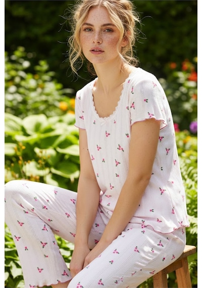Siyah İnci Pamuklu Pointel Ajurlu/delikli Kısa Kolluörme Pijama Takım 26120641 Pembe Çıtır Çiçek
