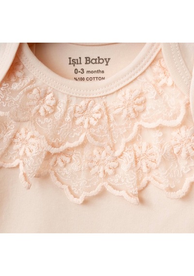 Işıl Baby Dantel Detaylı Kız Bebek Body & Patikli Alt Takım Pudra