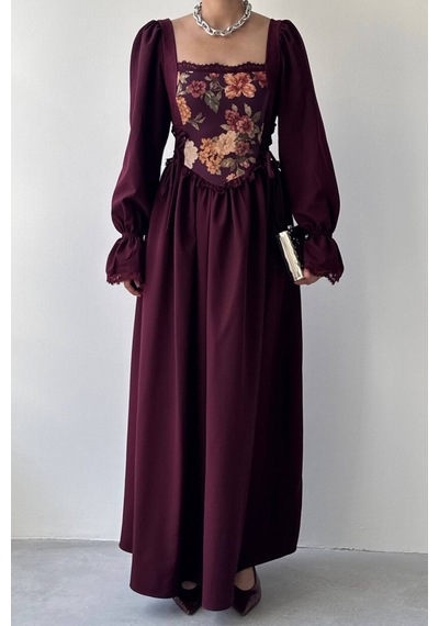 Nils Boutique Vintage Korsajlı Midi Elbise Bordo