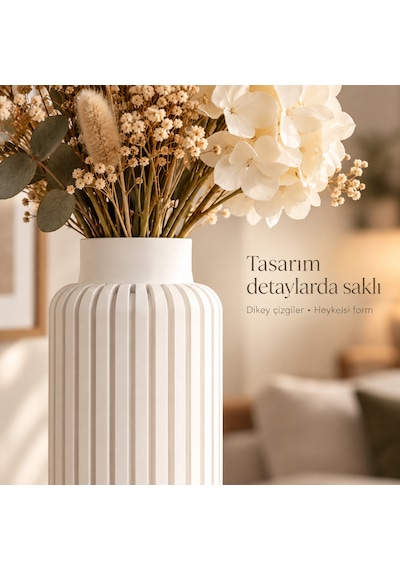 Dikey Çizgili Dekoratif Vazo 20 Cm Modern Silindir Tasarım Beyaz