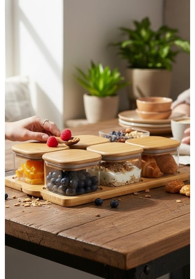 6 Lı Bambu Tepsili Cam Kahvaltı Sunum Seti, Kahvaltılık Sarı