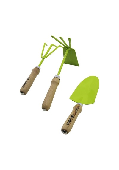 Eltos Ebs-003 3pcs Bahçe Hobi Seti Renkli Metal Çift Başlı Çapa - 3 Dişli Tırmık - Kürek Ahşap Saplı 5264