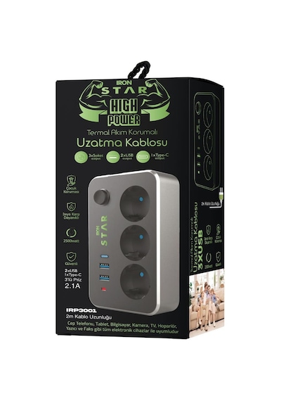 Ironstar 2mt 3xusb Akım Korumalı 3 Soketli Priz 2 M