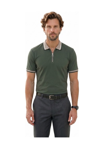Tudors Erkek Slim Fit Dar Kesim %100 Pamuk Kısa Kollu Yarım Fermuarlı Yeşil Polo Yaka Tişört-50745
