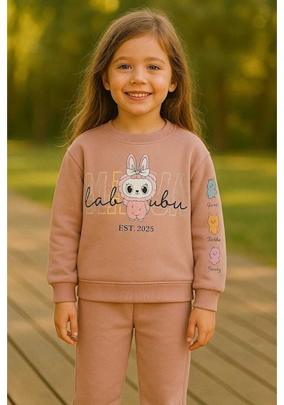 Bubiee Baby Labubu Karekterli Kız Çocuğu 3 İp Şardonlu Alt Üst Takım Pembe