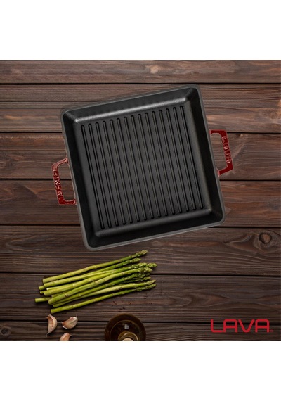 Lava Döküm Kare Izgara Tavası Döküm Demir Yekpare Çift Kulplu Ölçü 26x26cm.-bordo Bordo