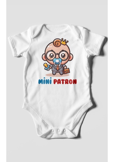 Mini Patron Baskılı Bebek Zıbını Çıtçıtlı Body %100 Pamuk Kısa Kol Beyaz