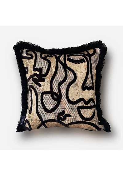"amore" Desenli Püsküllü Kırlent Kılıfı - 45x45 Siyah - Gold