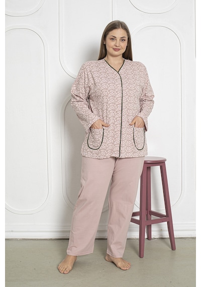 SEBOTEKS %100 Pamuklu Uzun Kollu Boydan Düğmeli Büyük Beden Kadın Pijama Takımı 206 Pudra