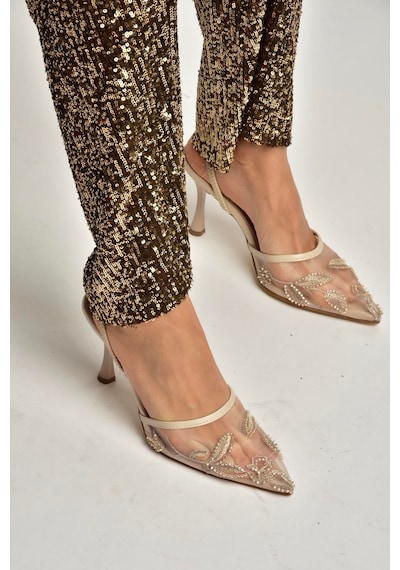 Fox Shoes Y752076315 Bej File Boncuk İşlemeli İnce Topuklu Kadın Ayakkabı