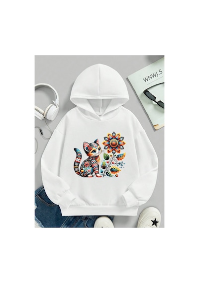 Stil X Sevimli Kediler Baskılı Kapüşonlu Çocuk Sweatshırt Beyaz-1