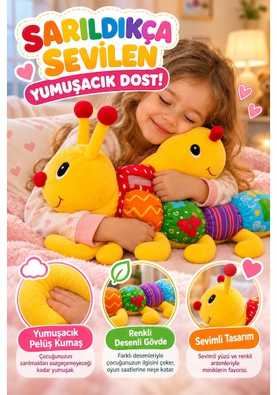 Desenli Tırtıl Pelüş Oyuncak 50 Cm Sarı Renkli Yumuşak Welsoft Kumaş Sevimli Çocuk Oyun Arkadaşı Şık