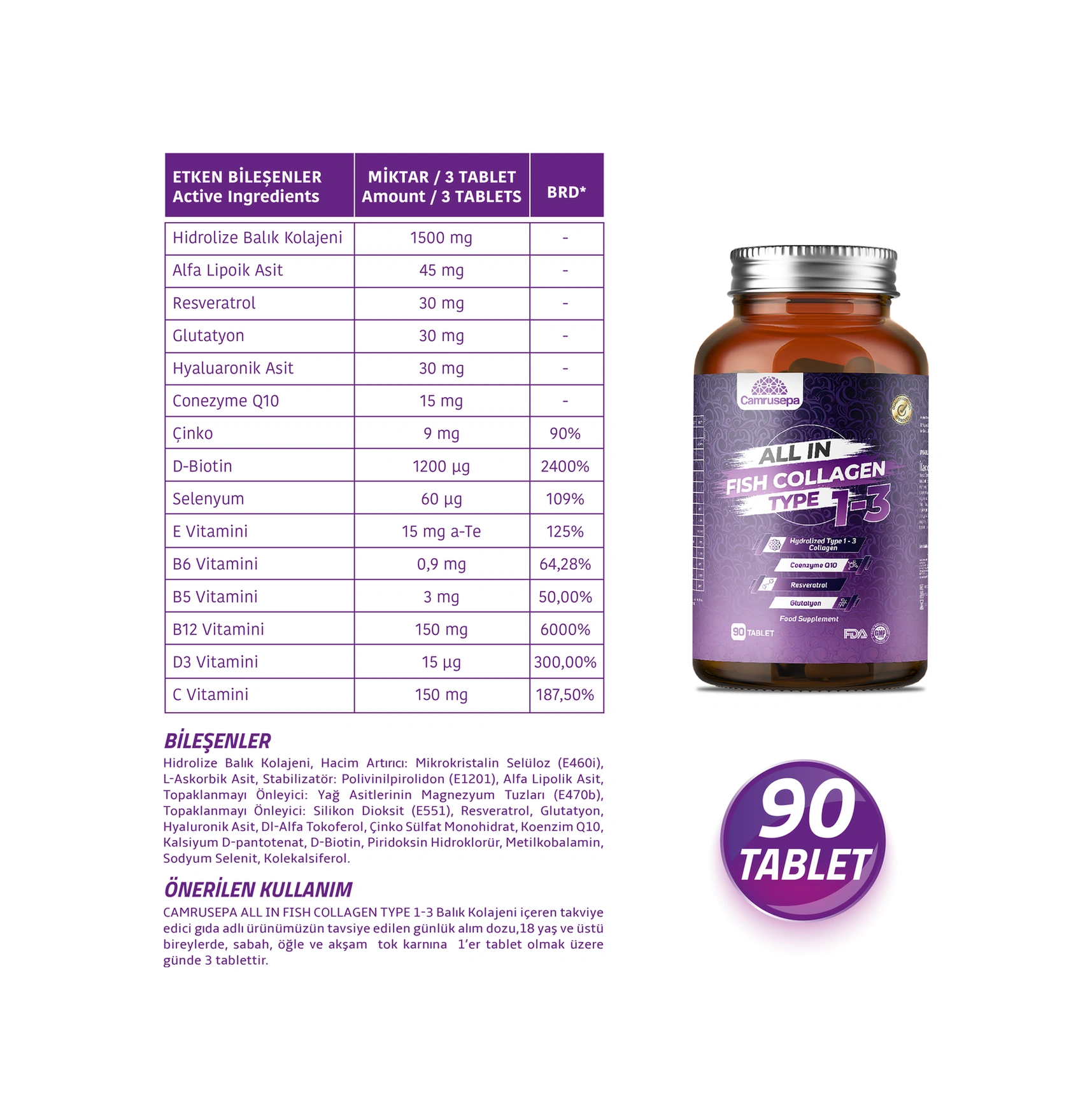 Camrusepa All In Tip 1-3 Hidrolize Balık Kolajeni 90 Tablet