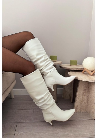Asmi Shoes Kadın Oslo Topuklu Körüklü Şık Tarz Günlük Rahat Çizme Beyaz Beyaz