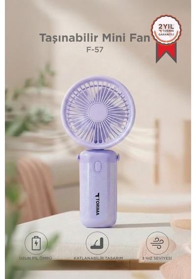 Şarjlı El Vantilatörü Masaüstü Stantlı 3 Kademeli Taşınabilir Mini Fan F57 Mor