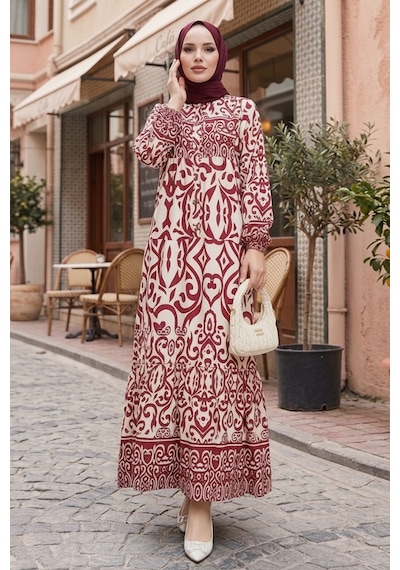 Bestenur Laysa Desenli Viskon Elbise 1721 - Bordo