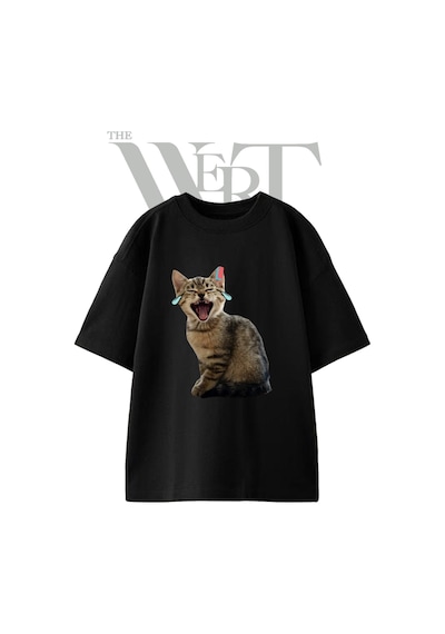 Thewert Aglayan Gulen Kedi Tasarım Baskılı Ünisex Siyah Oversize T-shirt