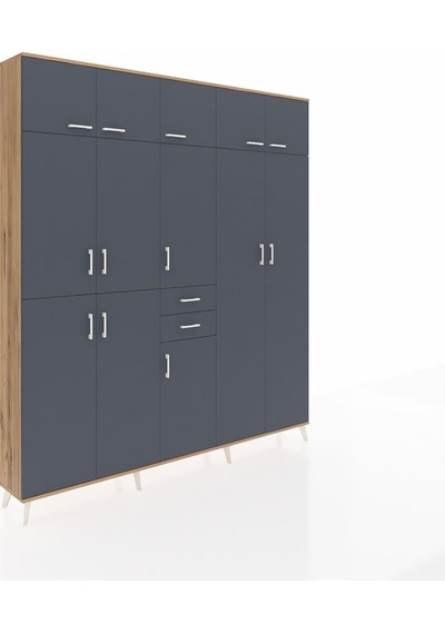 Arges Dolap 10 Raflı 2 Çekmeceli 3 Askılı 220x30x243 Çam-antrasit/antrasit Antrasıt/antrasıt