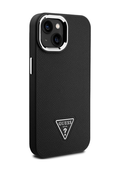 Apple Uyumlu iPhone 14 Kılıf Guess Lisanslı M-safe Şarj Özellikli Grained Triangle Kapak Siyah