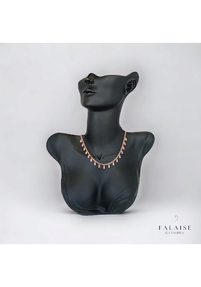 Pembe Baget Taşlı Zincir Kolye 45cm Altın - Pembe
