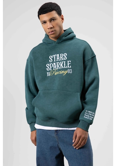 Vamos Oversize Nakış Baskılıkapüşonlu Sweatshirt Nefti Yeşil
