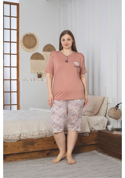 Büyük Beden Likralı Penye Kapri Pijama Takımı 8488 Pudra