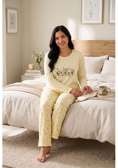 Seboteks Mevsimlik Kumaş Bisiklet Yaka Uzun Kollu Büyük Beden Kadın Pijama Takımı 400 Sarı