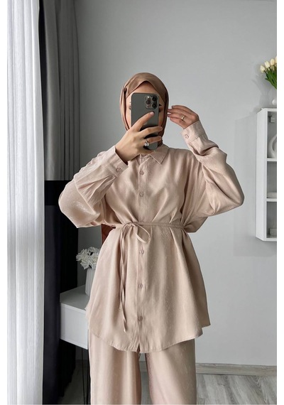 Neşeli Butik Kadın Jakarlı Alt Üst İkili Tesettür Takım Nms053 Bej