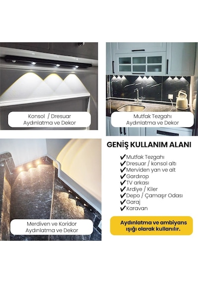 Upway Sensörlü 40 Cm 3 Lü Led Lamba 3 Renkli Ayarlanabilir Tezgah Merdiven Dolap Aydınlatma Siyah