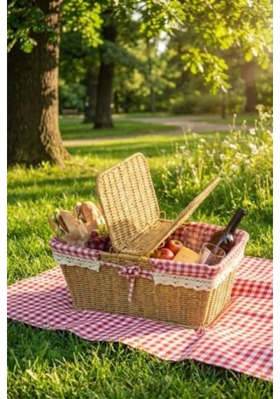 Buffer 2 Kapaklı Dikdörtgen Hasır Görünümlü Piknik Sepeti, Plastik Rattan, Doğal Renk, Dantel Ve Ekose Detaylı, 38.5x26x18 Cm Aahşap