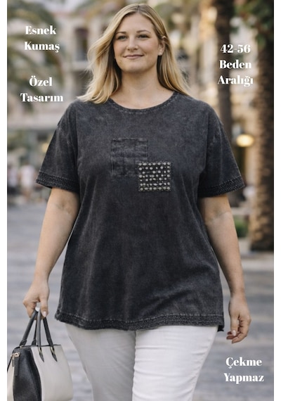 Cedy Denim Cedy - Kadın Özel Tasarım Esnek, Pul Payet, Dantel Detaylı Yıkamalı Büyük Beden Tişört Antrasit Cedy Denim Cedy - Kadın Özel Tasarım Esnek, Pul Payet, Dantel Detaylı Yıkamalı Büyük Beden Tişört Antrasit