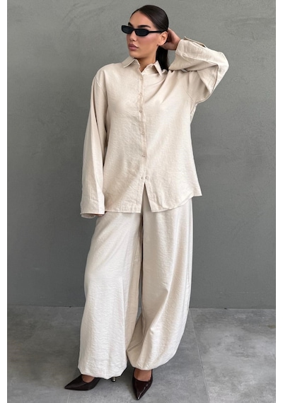Madmext Bej Oversize Gömlek Balon Pantolon Kadın Takım Mg2779
