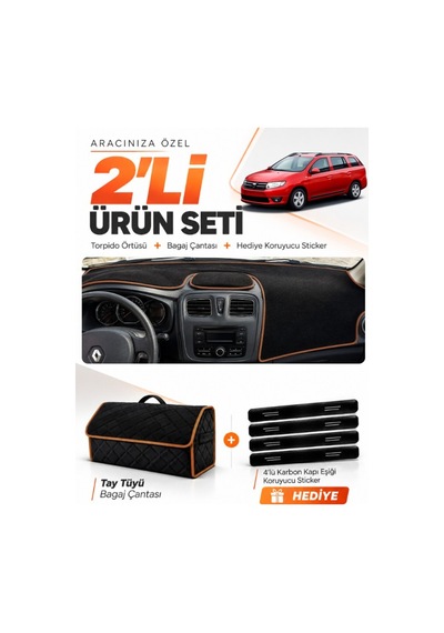 E-biz Dacia Logan Mcv 2012-2021 Uyumlu Torpido Örtüsü + Tay Tüyü Çanta - Siyah-kahverengi - Re015