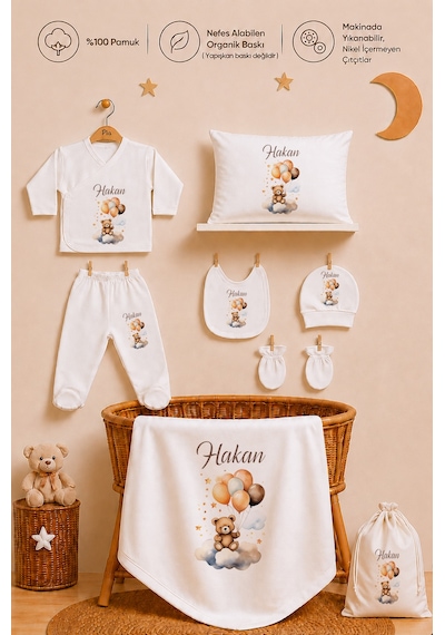 Pia Baby İsme Özel Erkek Bebek Hastane Çıkışı 12 Parça %100 Pamuk Organik Baskılı Kese Hediyeli Set 106711k0x Ekru