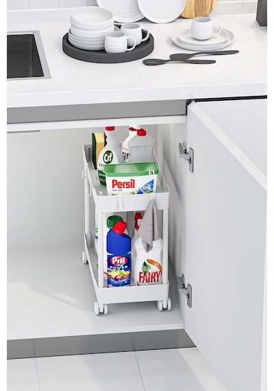 2 Adet Beyaz 2 Katlı Tekerlekli Düzenleyici Mutfak Ve Banyo Rafı