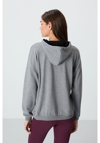 Tommy Life Gri Melanj Kompakt Pamuklu Kalın Pürüzsüz Dokulu Kapüşonlu Oversize Fit Kadın Sweatshirt - 97291 Gri Melanj