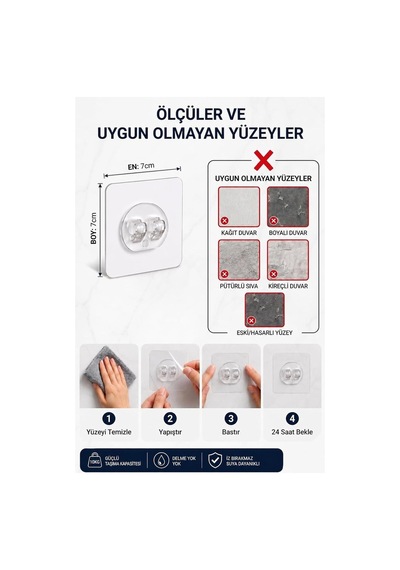 10 Adet 7x7cm Yedek Süper Güçlü Yapışkanlı Askı, 20kg Banyo - Mutfak Raf Tutucu Sticker, Delmesiz Şeffaf