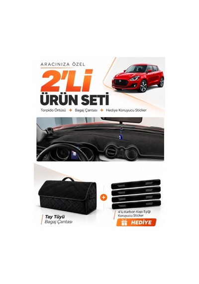 Suzukı Swift 2017-2020 Uyumlu Torpido Örtüsü + Tay Tüyü Bagaj Çantası + Sticker Seti - Siyah