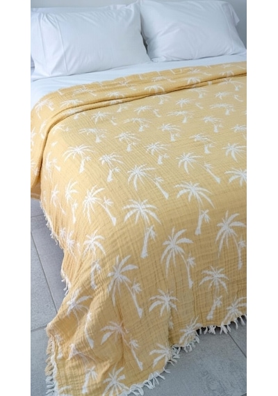 Palmiye Desen 4 Katlı Müslin Pike Yatak Örtüsü Battal Boy 240x260 Cm Hardal