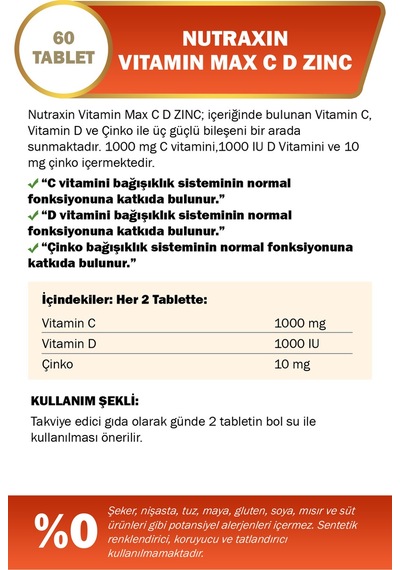 Vitamin Max C D Zinc 1.000 Mg 60 Tablet Zaman Salınımlı - Propolis Sprey Hediye