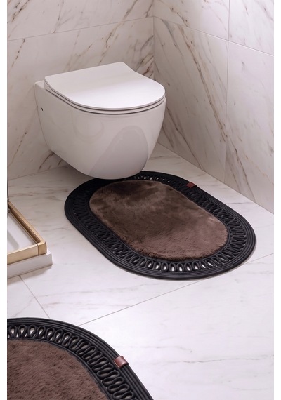 Banyo Paspası Takımı 60x100+40x60 Cm İç Trikot Mouss Kahve & Siyah Kahve - Siyah