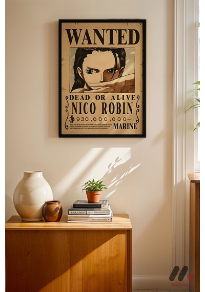 One Piece Nico Robin Wanted Poster, Siyah Çerçeveli Duvar Tablosu - Anime Severlere Özel Hediye