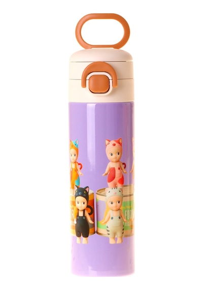 Kaukko Kids 520 Ml Cat Life Baskılı Mor - Krem Kız Çocuk Çelik Termos Matara Çift İçim Kilitli Kapak - L5316