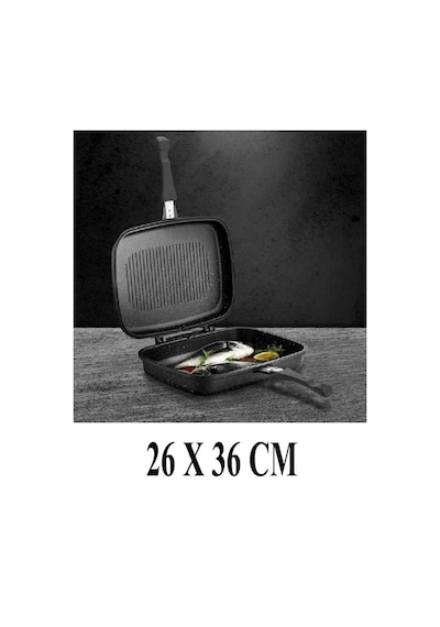 Döküm Granit Çift Taraflı Grill Tava Silikon Contalı 36 X 26 Cm Siyah