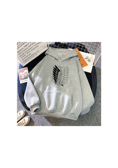 Blackjack Giyim Erkek Gri Attack On Titan Logo Oversize Kapüşonlu Sweatshirt Hoodie Gri
