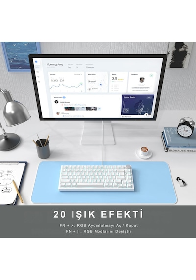 Ak820 Kablolu Mekanik Oyun Klavyesi , Mavi Işıklı, Beyaz, 82 Tuş, Hot Swap, Anti Ghosting
