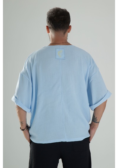 Cocopelli Mavi Müslin Kumaş Oversize Fakir Kol T-shirt Coc1101 Mavi