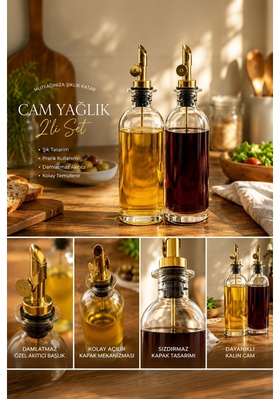 Porsima 3890 Gold Sızdırmaz Kapaklı Cam 2 Li Yağlık Sirkelik Yağdanlık Seti 500+500 Ml Şeffaf-gold