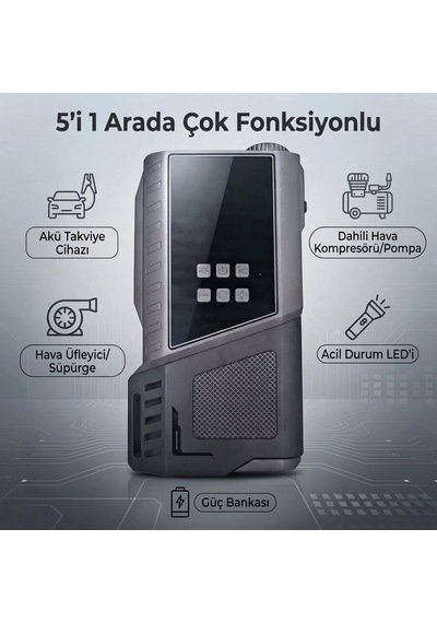 Yolda Kalmaya Son 5'i 1 Arada Akü Takviye Cihazı + Lastik Şişirme Kompresörü + Araç Süpürgesi Ve Powerbank