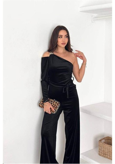 Neşeli Butik Kadın Siyah Kuşaklı Tek Omuz Kadife Kumaş Tulum Nbk068 Siyah